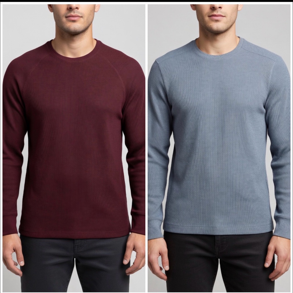 Bundle Of 2 Men’s Waffle Crew Neck Long Sleeve Shirts Burgundy & Blue Soft